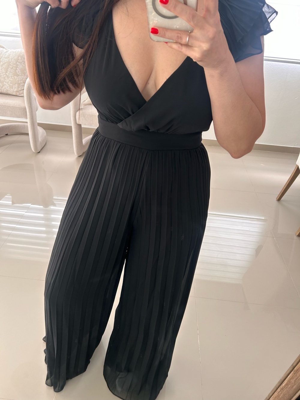 Black Pleated Wide-Leg V-Neck Jumpsuit